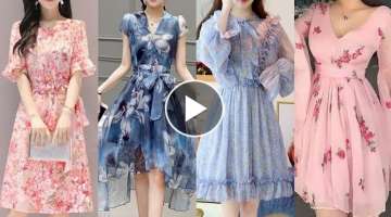 Top Stylish Floral Print Chiffon Middi Dresses//Modern Style Skater Dresses